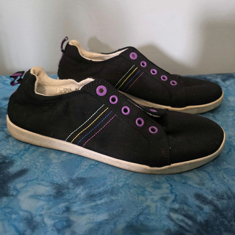 Vionic Womens Size 8 Black Canvas Sneakers Rainbow Stitch Purple No Laces